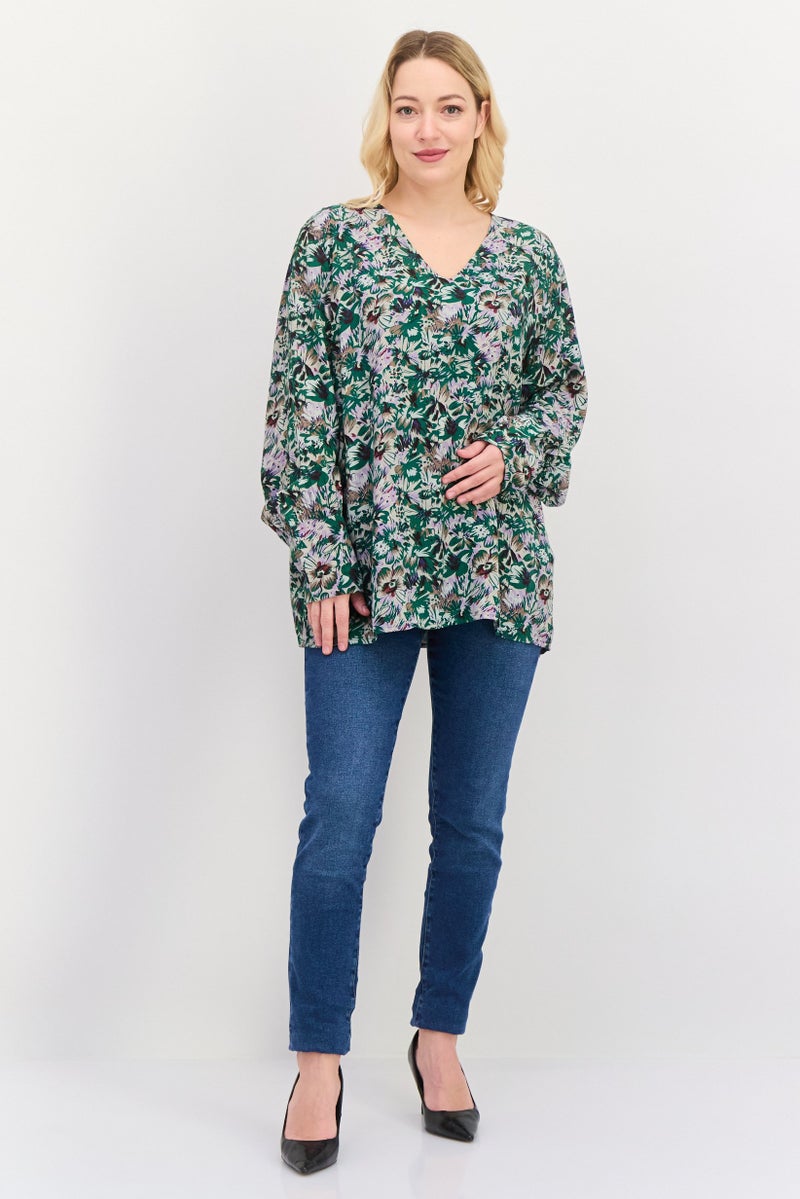 Fire & Glory Women  V-Neck Long Sleeves Floral Print Blouse, Green Combo - Image 4